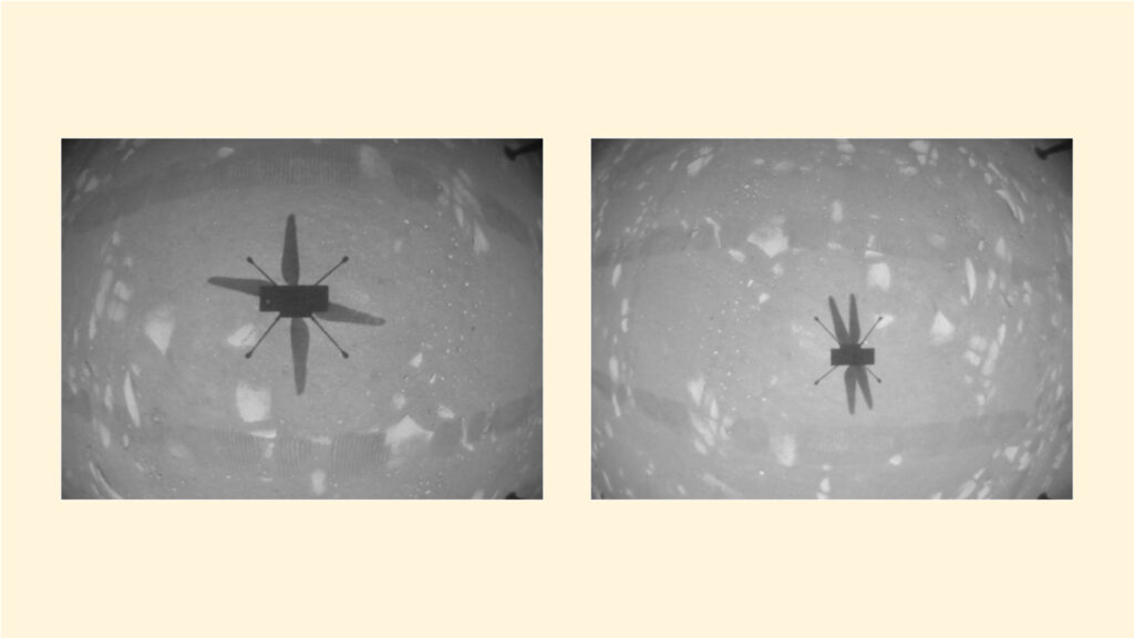 Première image en noir et blanc après le premier vol d'Ingenuity (à gauche) et le deuxième vol (à droite). // Source : NASA/JPL-Caltech, montage Numerama Première image en noir et blanc après le premier vol d'Ingenuity (à gauche) et le deuxième vol (à droite). // Source : NASA/JPL-Caltech, montage Numerama