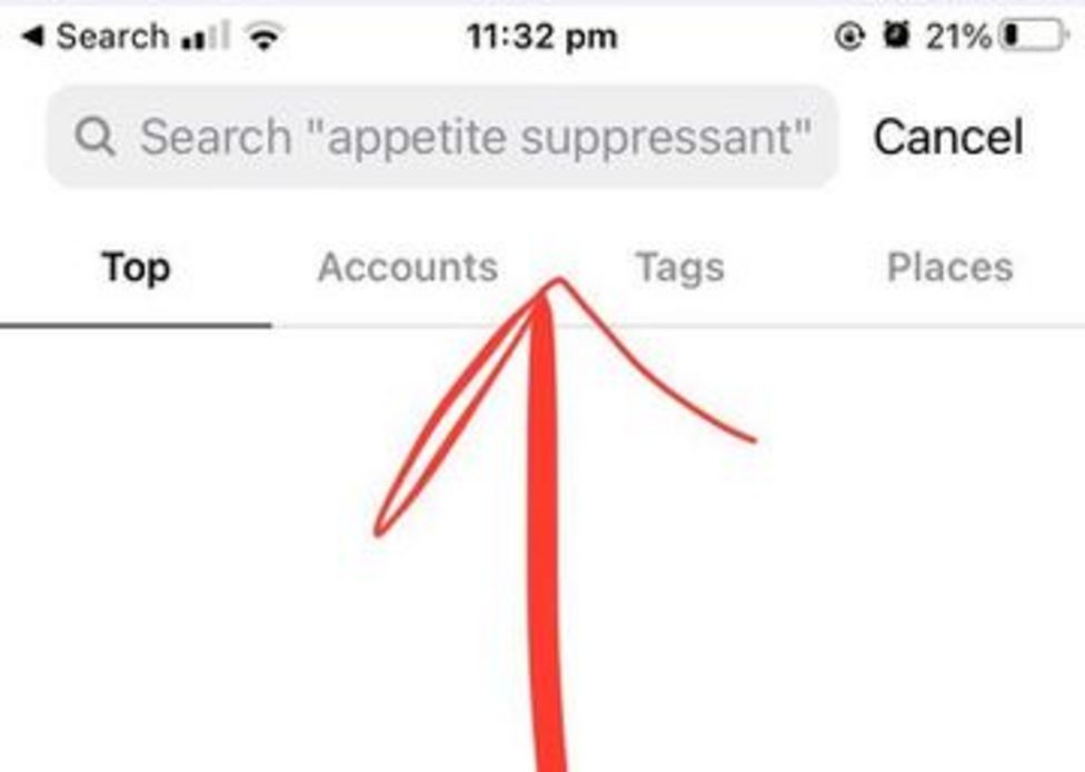 Instagram suggérait des recherches sur les produits coupe faim // Source : Cristina Criddle / BBC Instagram suggérait des recherches sur les produits coupe faim // Source : Cristina Criddle / BBC