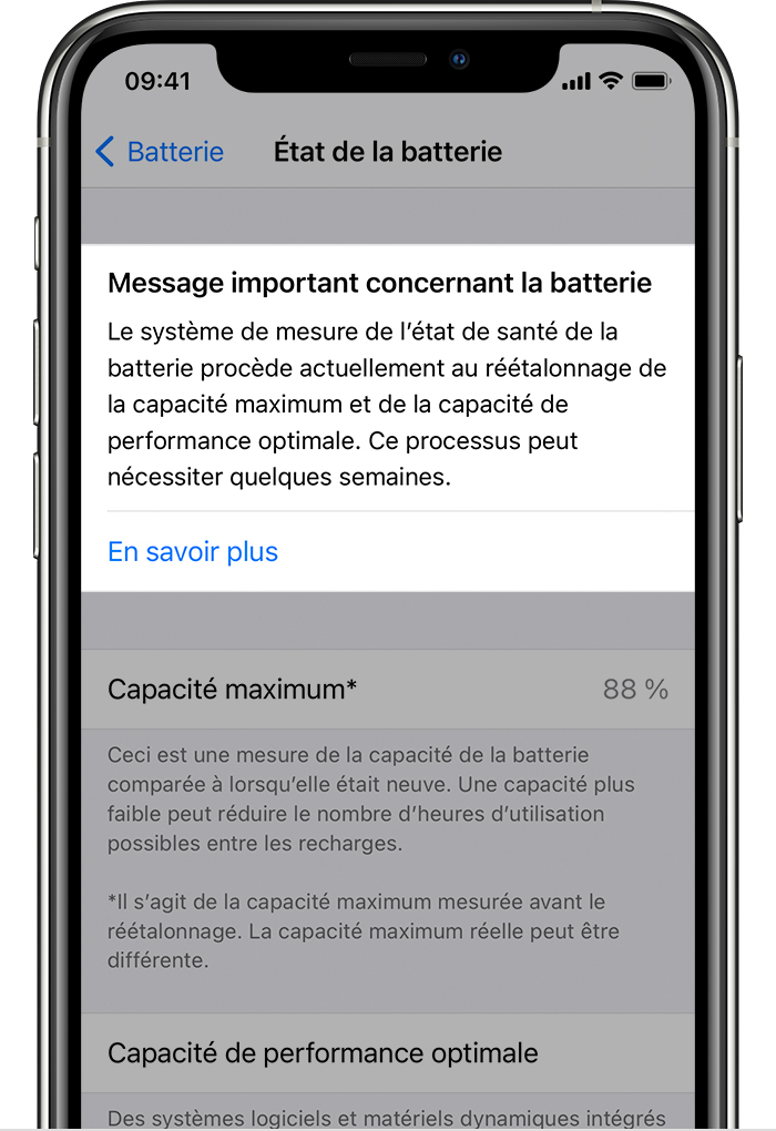 Le message de recalibration de batterie qui arrivera dans iOS 14.5 // Source : Apple Le message de recalibration de batterie qui arrivera dans iOS 14.5 // Source : Apple