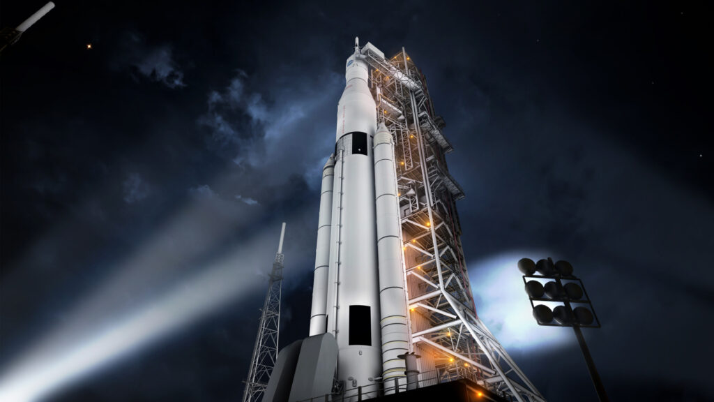Vue d'artiste du Space Launch System. // Source : Flickr/CC/NASA/MSFC