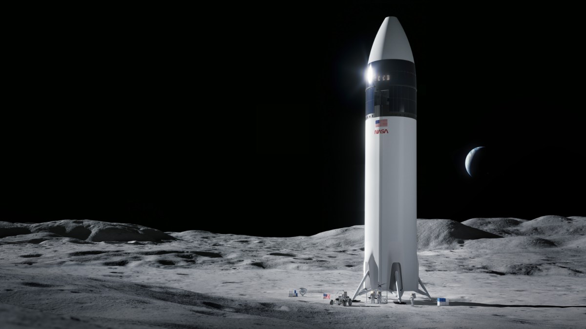Vue d'artiste du Starship de SpaceX posant des astronautes sur la Lune. // Source : SpaceX Vue d'artiste du Starship de SpaceX posant des astronautes sur la Lune. // Source : SpaceX
