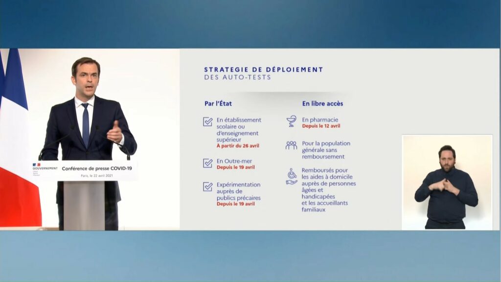 Stratégie de déploiement des autotests (telle que fixée au 22 avril 2021). // Source : Gouvernement Stratégie de déploiement des autotests (telle que fixée au 22 avril 2021). // Source : Gouvernement