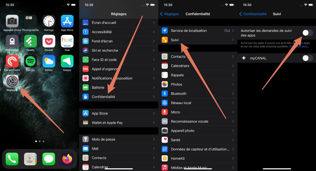 La marche à suivre pour désactiver le suivi via IDFA sur iOS 14.5 // Source : Capture d'écran Numerama La marche à suivre pour désactiver le suivi via IDFA sur iOS 14.5 // Source : Capture d'écran Numerama