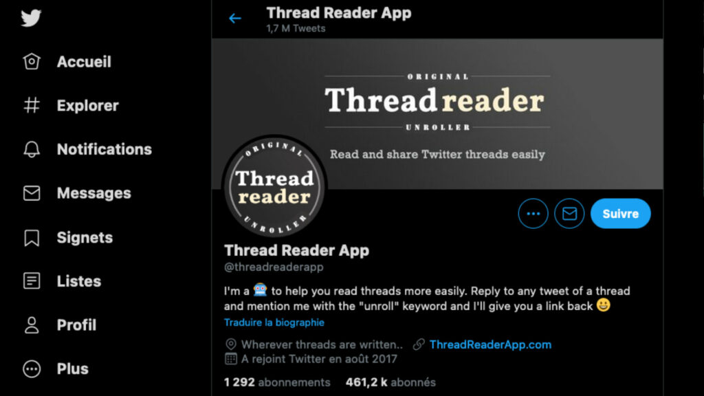 Le compte ThreadReader sur Twitter // Source : Capture d'écran Numerama Le compte ThreadReader sur Twitter // Source : Capture d'écran Numerama