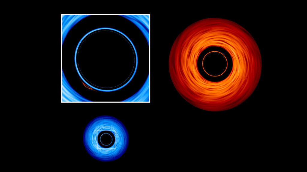 Zoom sur l’image du trou noir rouge déformée dans le trou noir bleu. Et maintenant, regardez dans le disque rouge : la petite image de son compagnon bleu s’y cache aussi. // Source : NASA’s Goddard Space Flight Center/Jeremy Schnittman and Brian P. Powell Zoom sur l’image du trou noir rouge déformée dans le trou noir bleu. Et maintenant, regardez dans le disque rouge : la petite image de son compagnon bleu s’y cache aussi. // Source : NASA’s Goddard Space Flight Center/Jeremy Schnittman and Brian P. Powell
