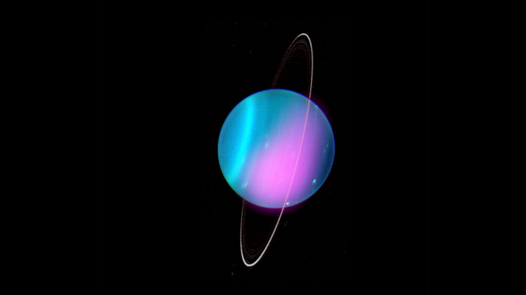 Les rayons X détectés sur Uranus. // Source : NASA/CXO/University College London/W. Dunn et al; Optical: W.M. Keck Observatory (image recadrée) Les rayons X détectés sur Uranus. // Source : NASA/CXO/University College London/W. Dunn et al; Optical: W.M. Keck Observatory (image recadrée)