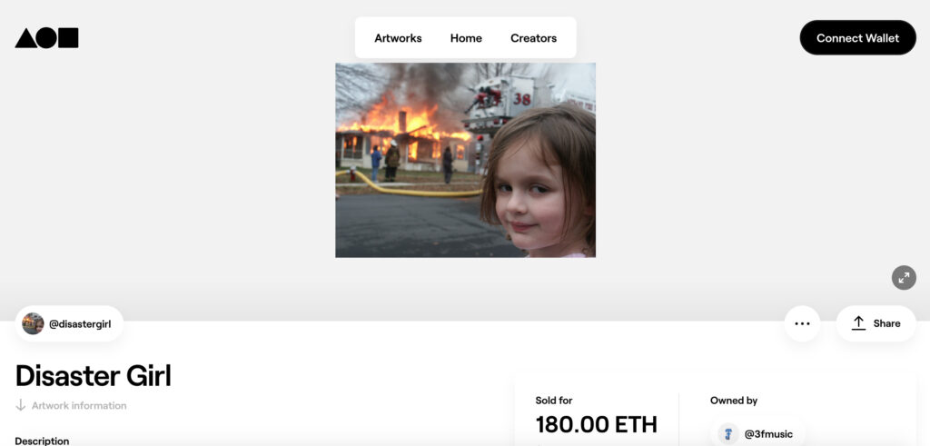Sur Fundation, le NFT de Disaster Girl s'est vendu pour 180 ETH // Source : Foundation Sur Fundation, le NFT de Disaster Girl s'est vendu pour 180 ETH // Source : Foundation