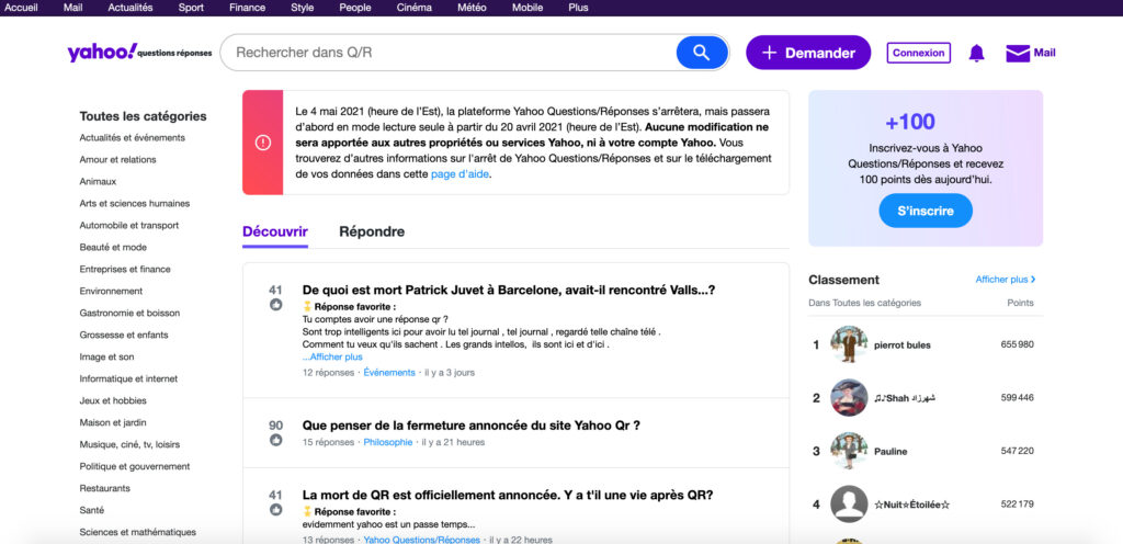 La page d'accueil de Yahoo Questions Réponses // Source : Yahoo La page d'accueil de Yahoo Questions Réponses // Source : Yahoo