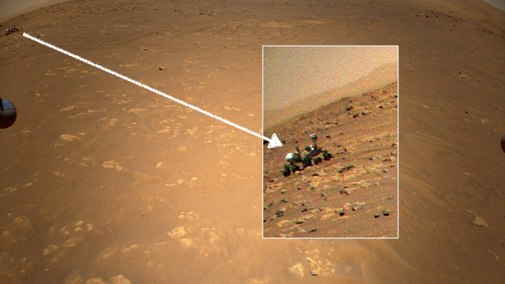 Zoom sur Perseverance. // Source : NASA/JPL-Caltech (photo recadrée) Zoom sur Perseverance. // Source : NASA/JPL-Caltech (photo recadrée)