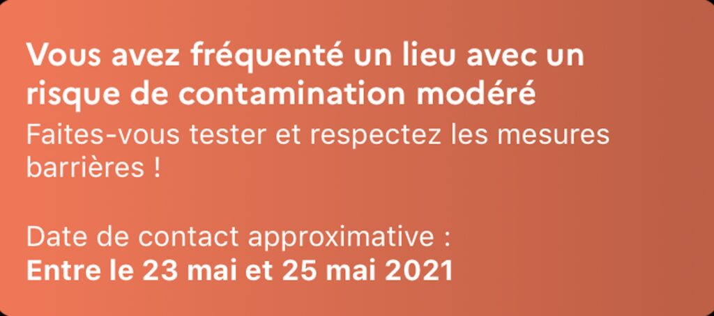 Voici à quoi ressemble une alerte modérée sur TousAntiCovid. // Source : Capture d'écran Numerama Voici à quoi ressemble une alerte modérée sur TousAntiCovid. // Source : Capture d'écran Numerama