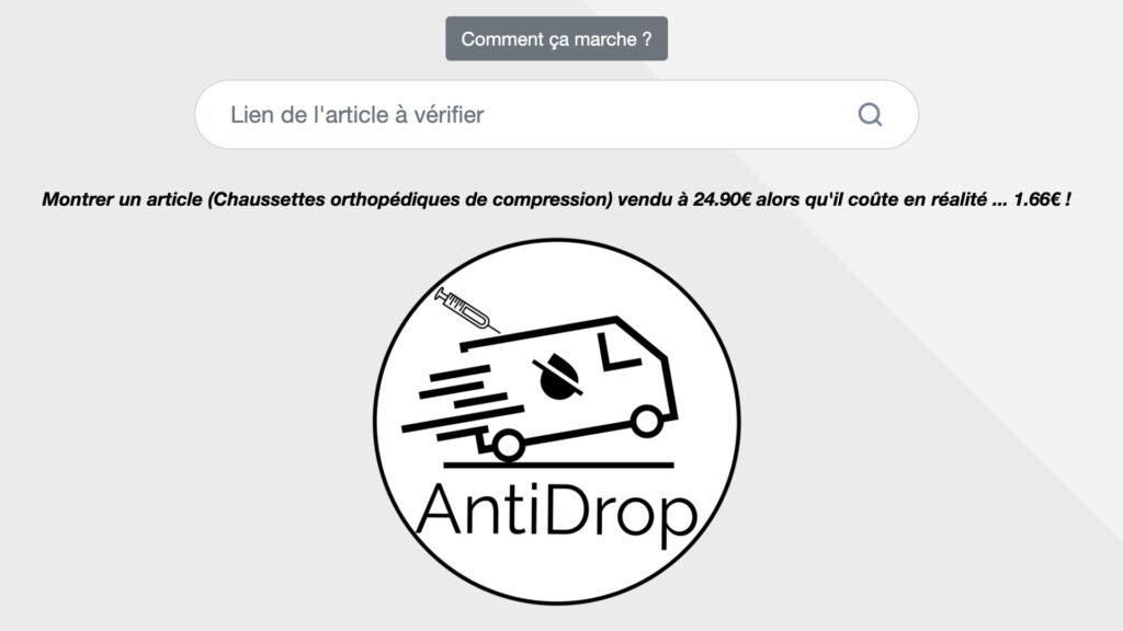 Le site Antidrop évalue la probabilité d'un marchand pratique le dropshipping. // Source : Capture d'écran Numerama Le site Antidrop évalue la probabilité d'un marchand pratique le dropshipping. // Source : Capture d'écran Numerama