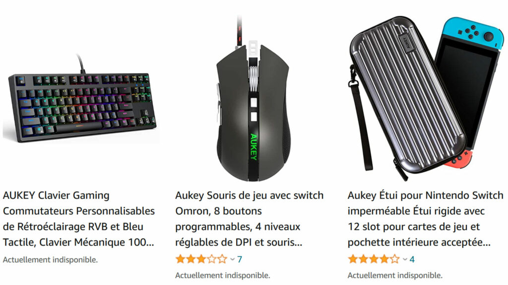 Les produits Aukey sont indisponibles sur Amazon // Source : Capture d'écran Les produits Aukey sont indisponibles sur Amazon // Source : Capture d'écran