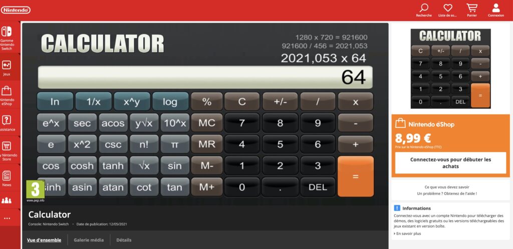 L'app calculator vendue 8,99 euros dans le Nintendo eStore // Source : Nintendo