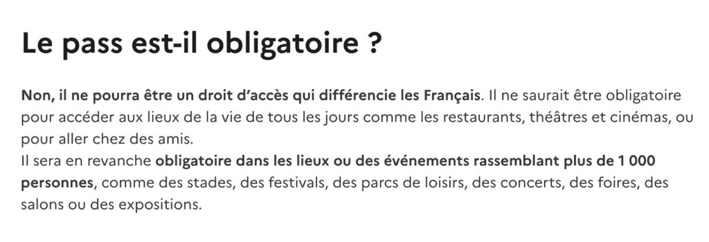 Extrait de la FAQ du gouvernement sur le pass sanitaire // Source : gouvernement.fr Extrait de la FAQ du gouvernement sur le pass sanitaire // Source : gouvernement.fr