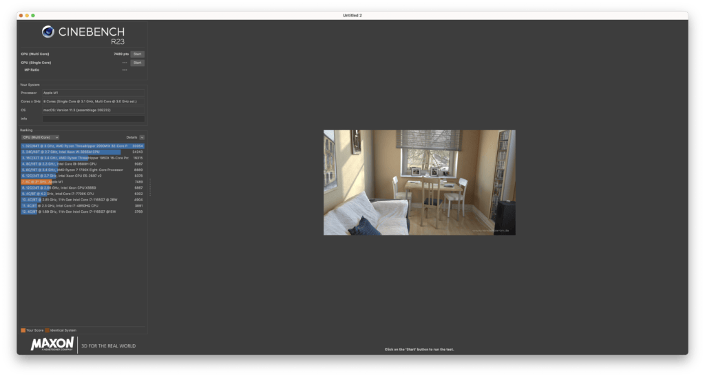 Le benchmark Cinebench sur un iMac 24 pouces M1 // Source : Capture d'écran Numerama Le benchmark Cinebench sur un iMac 24 pouces M1 // Source : Capture d'écran Numerama