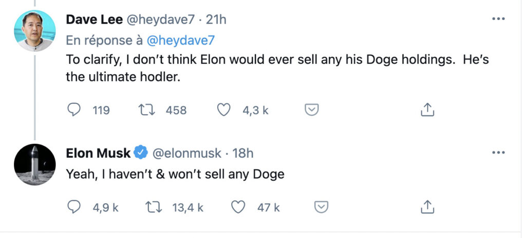 Elon Musk promet de ne pas vendre ses Dogecoins // Source : Twitter/Elon Musk Elon Musk promet de ne pas vendre ses Dogecoins // Source : Twitter/Elon Musk