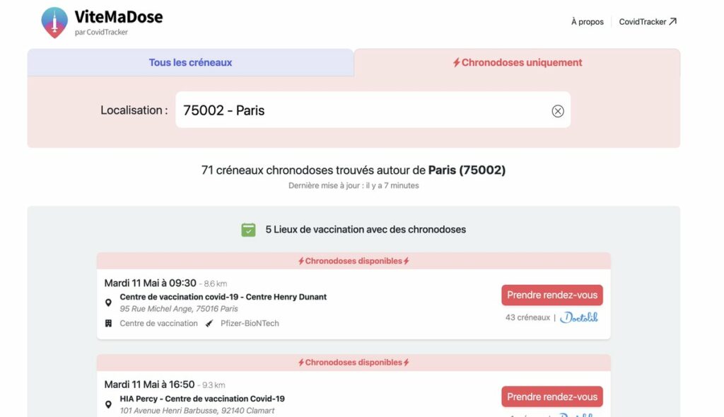 Un aperçu de Chronodose dans Vite Ma Dose // Source : Twitter/GuillaumeRozier Un aperçu de Chronodose dans Vite Ma Dose // Source : Twitter/GuillaumeRozier