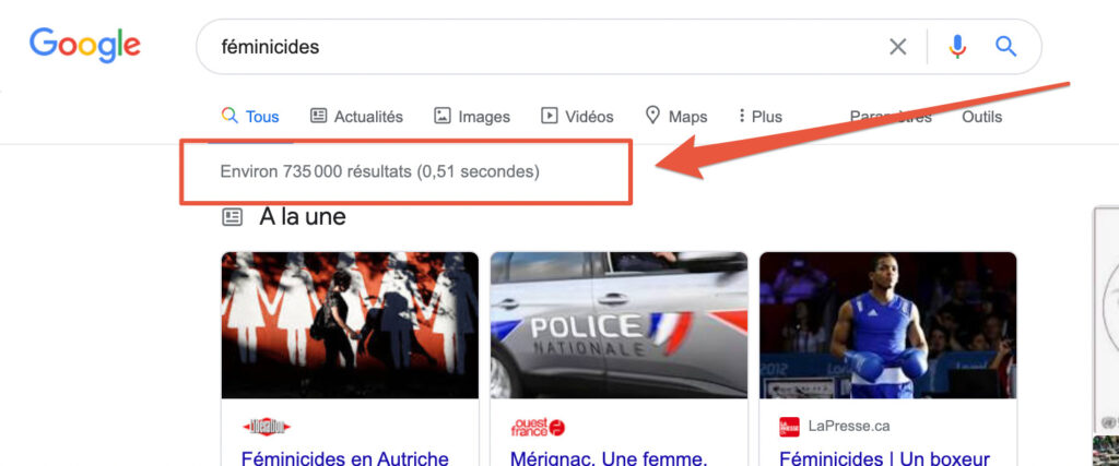 Capture d'écran d'une recherche Google avec le mot "féminicides" Capture d'écran d'une recherche Google avec le mot "féminicides"