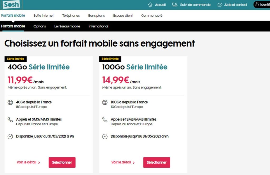 forfaits 40 et 100 Go Sosh forfaits 40 et 100 Go Sosh