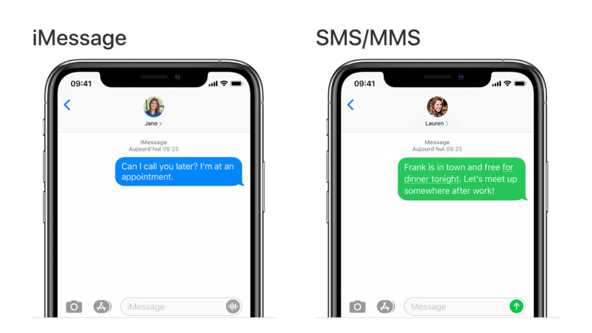 Sur iPhone, Apple affiche les iMessage en bleu et les SMS en vert. Cela discrimine les utilisateurs d'Android selon Google. // Source : Apple Sur iPhone, Apple affiche les iMessage en bleu et les SMS en vert. Cela discrimine les utilisateurs d'Android selon Google. // Source : Apple