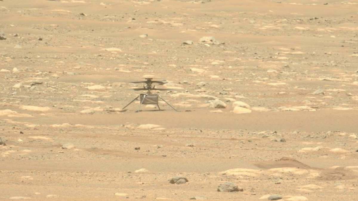 Ingenuity sur Mars le 2 mai 2021. // Source : NASA/JPL-Caltech/ASU (photo recadrée) Ingenuity sur Mars le 2 mai 2021. // Source : NASA/JPL-Caltech/ASU (photo recadrée)