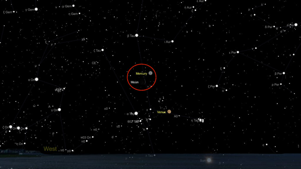 Mercure et la Lune le jeudi 13 mai 2021, vues de Paris. // Source : Capture d'écran TheSkyLive, annotation Numerama Mercure et la Lune le jeudi 13 mai 2021, vues de Paris. // Source : Capture d'écran TheSkyLive, annotation Numerama