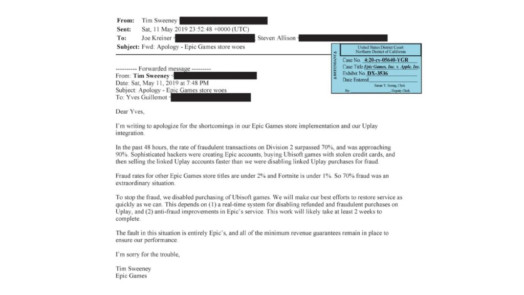 Epic Games s'excuse auprès d'Ubisoft // Source : Procès Apple versus Epic Games (via Kotaku) Epic Games s'excuse auprès d'Ubisoft // Source : Procès Apple versus Epic Games (via Kotaku)