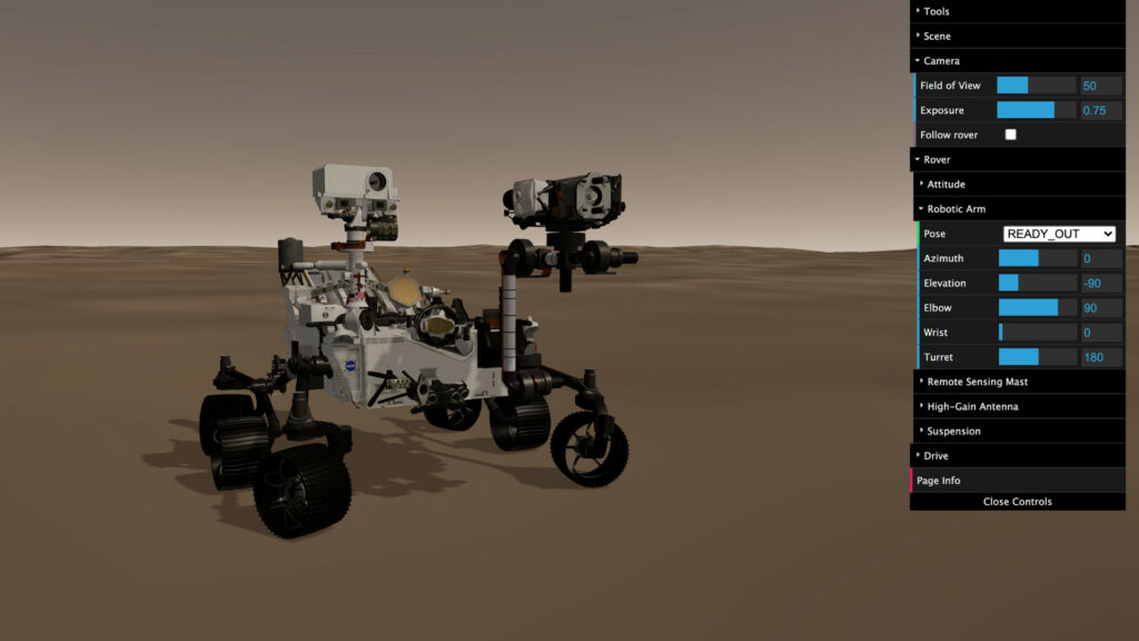 Bras robotique en place ! Prêt à creuser ? // Source : Capture d'écran rkinnett.github.io/rover3d Bras robotique en place ! Prêt à creuser ? // Source : Capture d'écran rkinnett.github.io/rover3d
