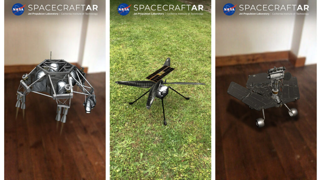 De gauche à droite : l'étage de descente, Ingenuity, Opportunity. // Source : Captures d'écran SpacecraftAR