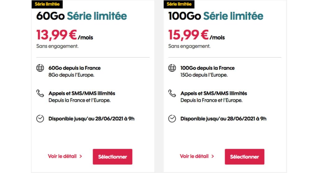 Les forfaits 60 Go et 100 Go en série limitée de Sosh // Source : Sosh. Les forfaits 60 Go et 100 Go en série limitée de Sosh // Source : Sosh.