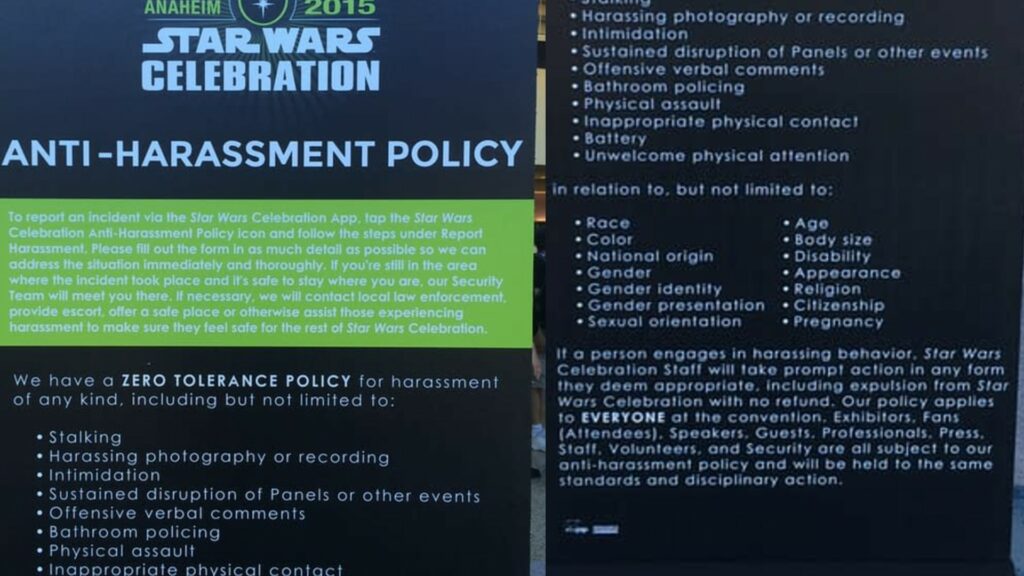 Pancarte « anti-harcèlement » à la SW Celebration 2015. // Source : Images : BleedingCool Pancarte « anti-harcèlement » à la SW Celebration 2015. // Source : Images : BleedingCool