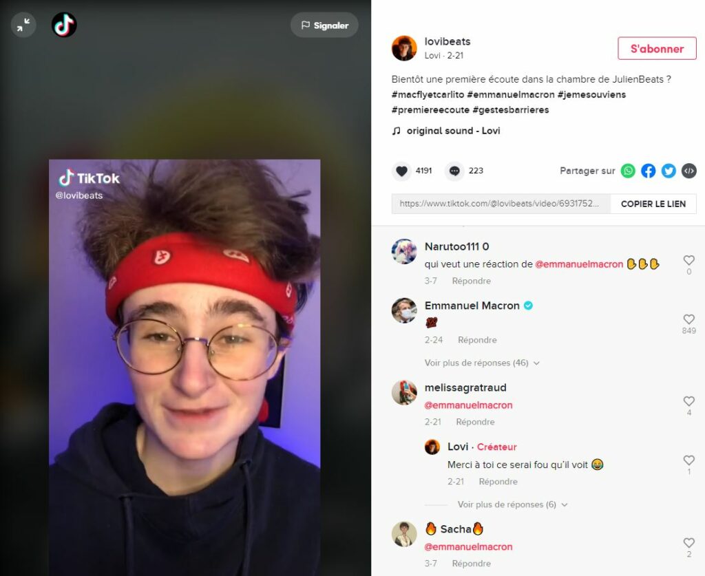 Emmanuel Macron a répondu au tiktokeur Lovibeats qui l'interrogeait sur la chanson de Mcfly et Carlito // Source : Capture Numerama / TikTok lovibeats Emmanuel Macron a répondu au tiktokeur Lovibeats qui l'interrogeait sur la chanson de Mcfly et Carlito // Source : Capture Numerama / TikTok lovibeats