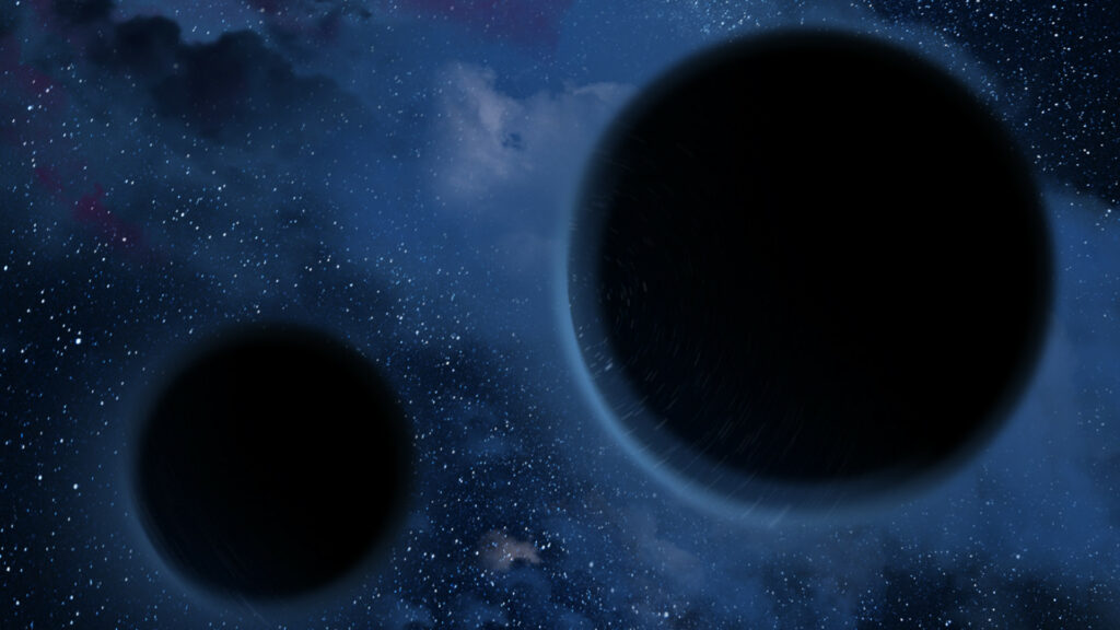 Vue d'artiste de deux trous noirs. // Source : Christine Daniloff, MIT (image recadrée)