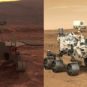 Vues d'artistes de Zhurong et Perseverance sur Mars. // Source : À gauche : capture d'écran YouTube AFP. À droite : CNES/DUCROS David, 2021. Montage Numerama. Vues d'artistes de Zhurong et Perseverance sur Mars. // Source : À gauche : capture d'écran YouTube AFP. À droite : CNES/DUCROS David, 2021. Montage Numerama.