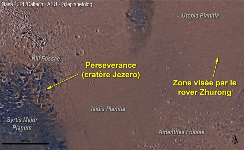 Sites d'atterrissages des rovers Perseverance et Zhurong sur Mars. // Source : Via Twitter @leplanetolog Sites d'atterrissages des rovers Perseverance et Zhurong sur Mars. // Source : Via Twitter @leplanetolog