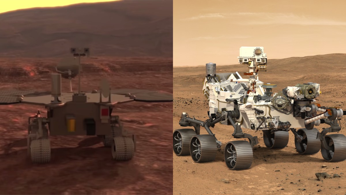 Vues d'artistes de Zhurong et Perseverance sur Mars. // Source : À gauche : capture d'écran YouTube AFP. À droite : CNES/DUCROS David, 2021. Montage Numerama. Vues d'artistes de Zhurong et Perseverance sur Mars. // Source : À gauche : capture d'écran YouTube AFP. À droite : CNES/DUCROS David, 2021. Montage Numerama.