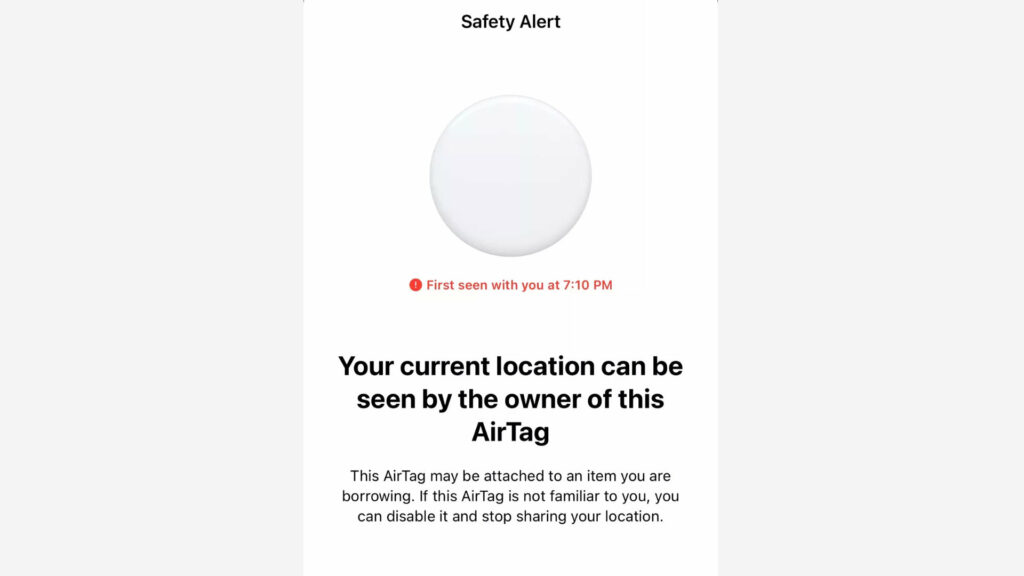 L'alerte affiché sur les iPhone qui détecte un AirTag inconnu L'alerte affiché sur les iPhone qui détecte un AirTag inconnu