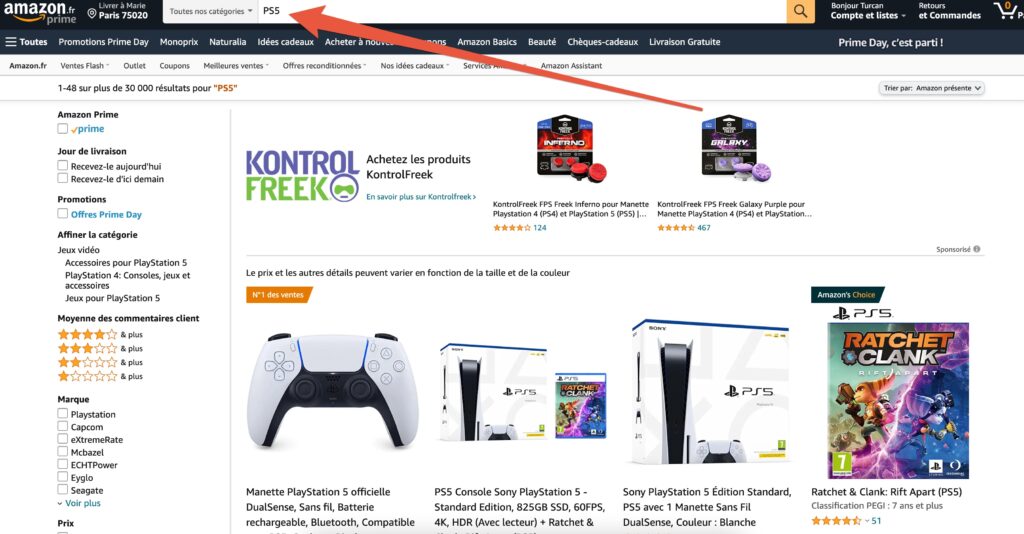 Une recherche PS5 sur Amazon.fr // Source : Capture d'écran 21 juin 2021 Une recherche PS5 sur Amazon.fr // Source : Capture d'écran 21 juin 2021