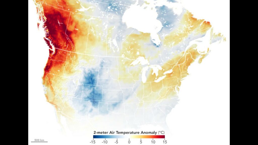 La vague de chaleur, fin juin 2021, touche tout le Nord-Ouest de l'Amérique/du Pacifique. // Source : Earth Observatory/Nasa La vague de chaleur, fin juin 2021, touche tout le Nord-Ouest de l'Amérique/du Pacifique. // Source : Earth Observatory/Nasa