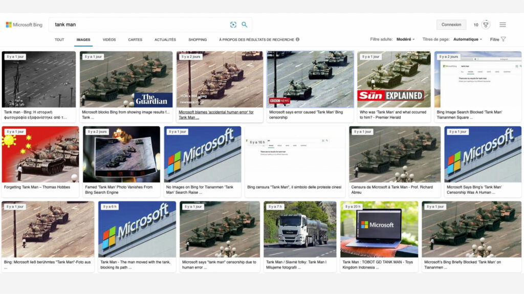 Les résultats pour la recheerche « Tank Man » sur Bing le 7 juin 2021 // Source : Capture d'écran Les résultats pour la recheerche « Tank Man » sur Bing le 7 juin 2021 // Source : Capture d'écran