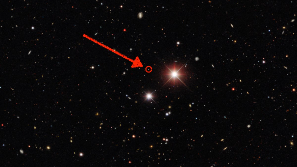 C/2014 UN271 (Bernardinelli-Bernstein). // Source : Dark Energy Survey/DOE/FNAL/DECam/CTIO/NOIRLab/NSF/AURA/P. Bernardinelli & G. Bernstein (UPenn)/DESI Legacy Imaging Surveys, annotation Numerama C/2014 UN271 (Bernardinelli-Bernstein). // Source : Dark Energy Survey/DOE/FNAL/DECam/CTIO/NOIRLab/NSF/AURA/P. Bernardinelli & G. Bernstein (UPenn)/DESI Legacy Imaging Surveys, annotation Numerama