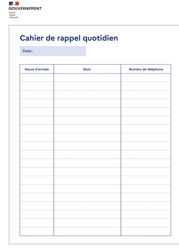 Le modèle de cahier de rappel proposé par le gouvernement est extrêmement simple. // Source : Capture d'écran Numerama Le modèle de cahier de rappel proposé par le gouvernement est extrêmement simple. // Source : Capture d'écran Numerama