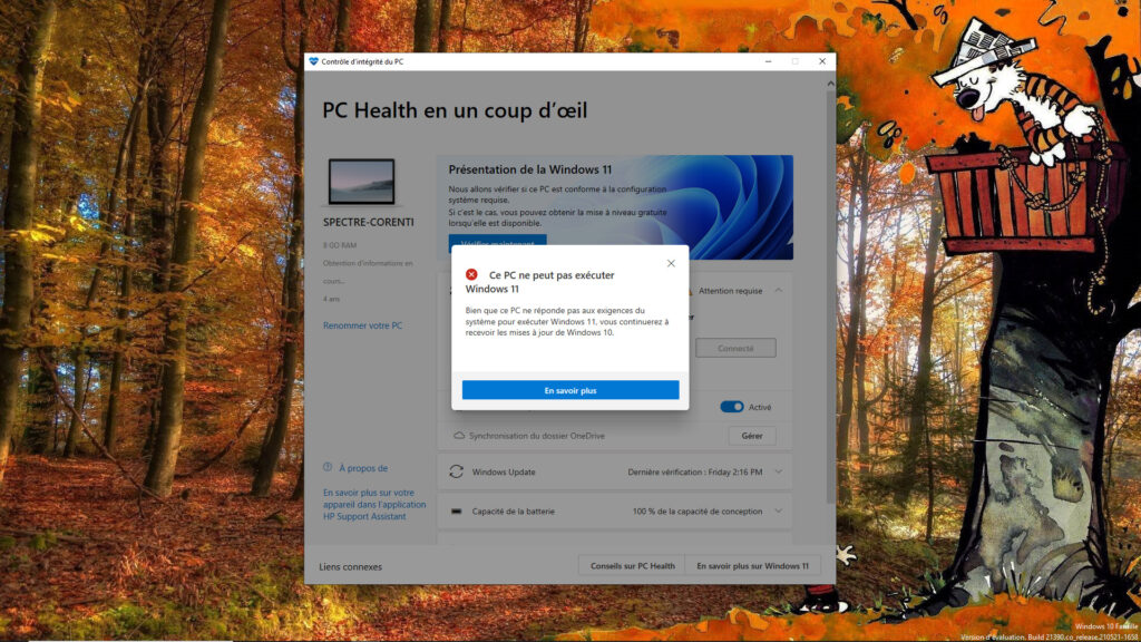 Le redouté message d'incompatibilité Windows 11 // Source : Capture d'écran Le redouté message d'incompatibilité Windows 11 // Source : Capture d'écran