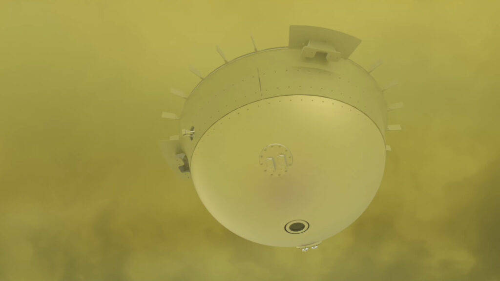 Représentation de DAVINCI+ dans l'atmosphère de Vénus. // Source : Capture d'écran YouTube Nasa Goddard Représentation de DAVINCI+ dans l'atmosphère de Vénus. // Source : Capture d'écran YouTube Nasa Goddard