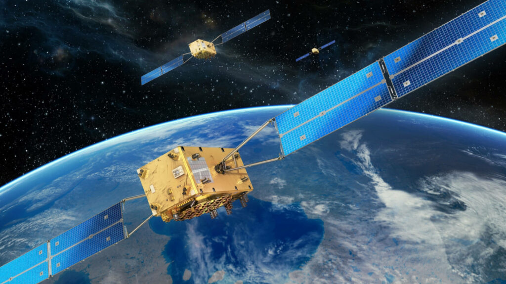 Des satellites Galileo. // Source : OHB/ESA (photo recadrée) Des satellites Galileo. // Source : OHB/ESA (photo recadrée)