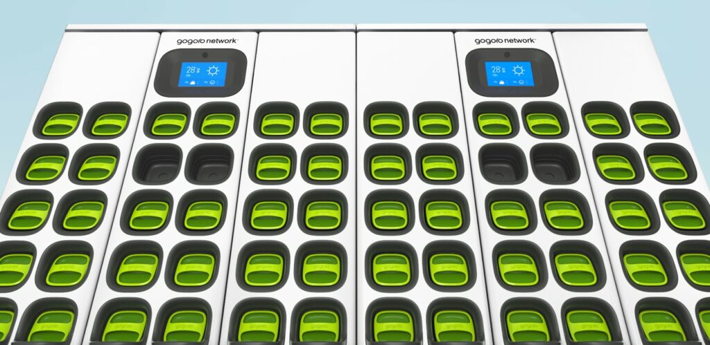 Une station de recharge Gogoro en gros plan // Source : Gogoro Une station de recharge Gogoro en gros plan // Source : Gogoro