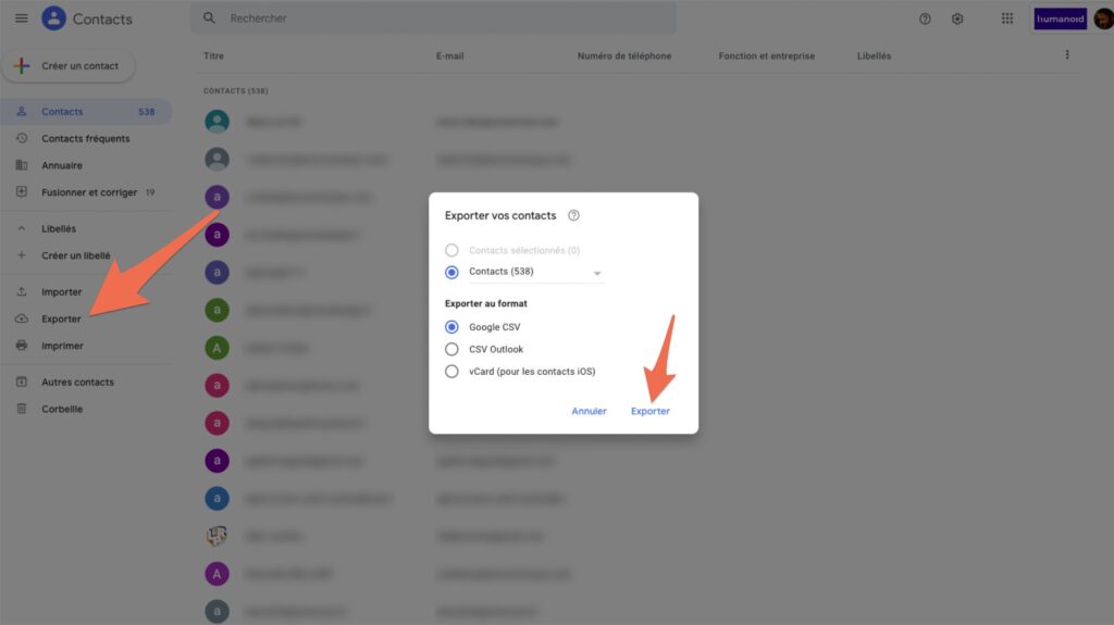 L'export de contact n'a rien de très compliqué // Source : Capture d'écran