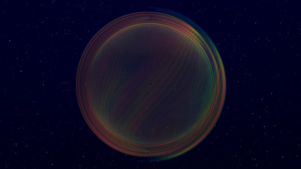Dans cette visualisation, deux trous noirs en orbite l'un autour de l'autre qui s'apprêtent à fusionner émettent des ondes gravitationnelles. // Source : N. Fischer, H. Pfeiffer, A. Buonanno (Max Planck Institute for Gravitational Physics), Simulating eXtreme Spacetimes (SXS) Collaboration Dans cette visualisation, deux trous noirs en orbite l'un autour de l'autre qui s'apprêtent à fusionner émettent des ondes gravitationnelles. // Source : N. Fischer, H. Pfeiffer, A. Buonanno (Max Planck Institute for Gravitational Physics), Simulating eXtreme Spacetimes (SXS) Collaboration