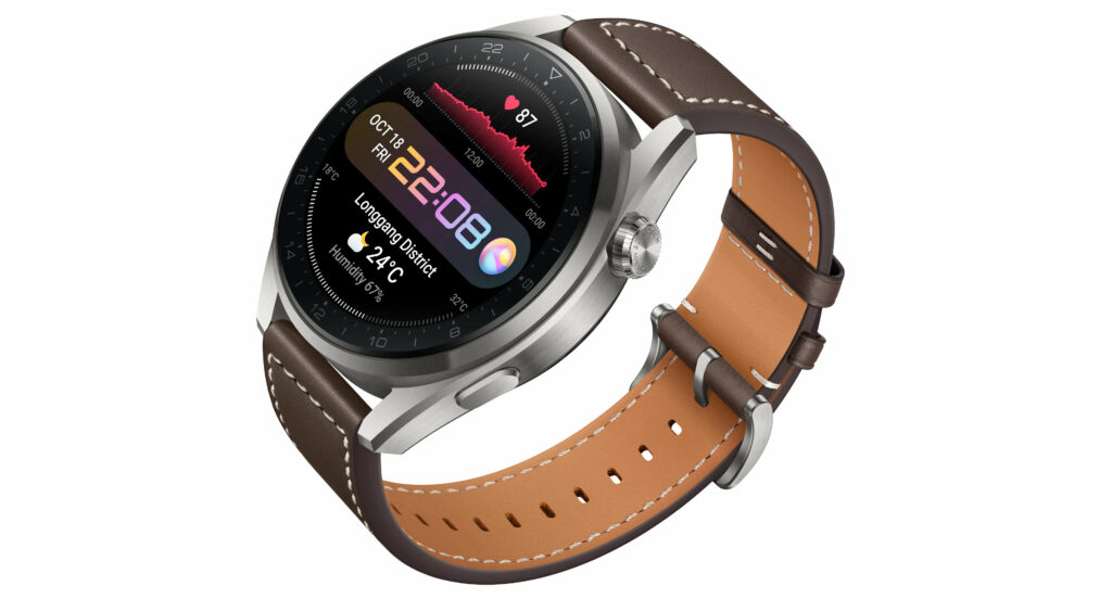 La Huawei Watch 3 Pro, avec son boîtier en titane. La Huawei Watch 3 Pro, avec son boîtier en titane.