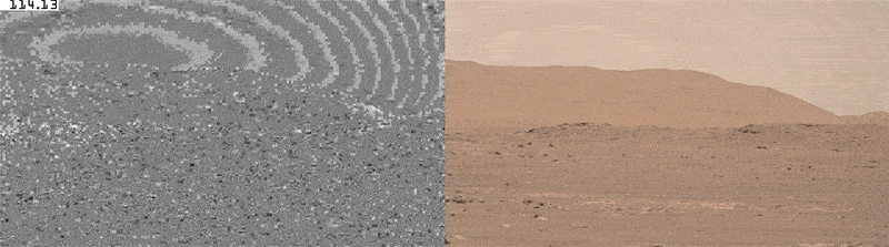 Ingenuity lors de son quatrième vol le 30 avril. On voit qu'il a soulevé de la poussière. // Source : NASA/JPL-Caltech/ASU/MSSS/SSI Ingenuity lors de son quatrième vol le 30 avril. On voit qu'il a soulevé de la poussière. // Source : NASA/JPL-Caltech/ASU/MSSS/SSI